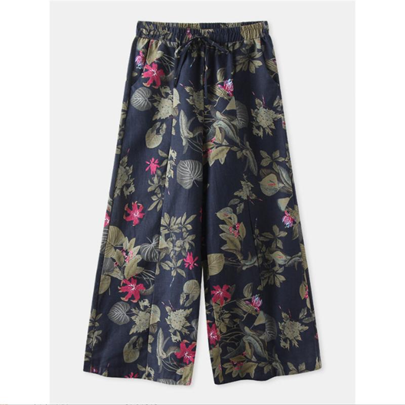 Pantaloni cu imprimeu floral Pantaloni largi din bumbac cu talie inalta