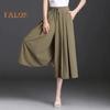 Women Cropped Pants Elastic High Waist Adjustable Drawstring Culottes Solid Color Wide Leg Casual Pants Daily Wear