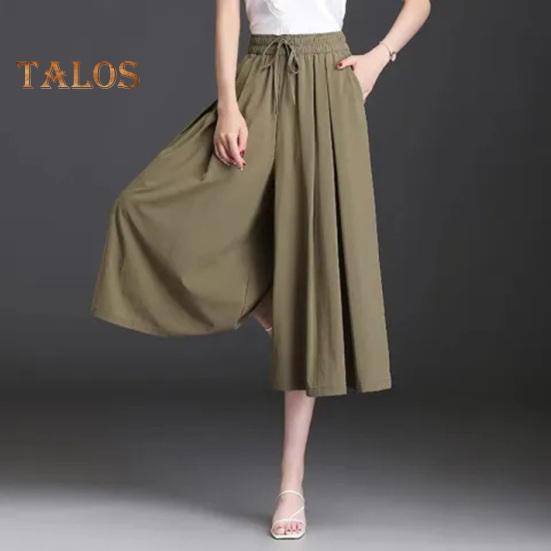 Women Cropped Pants Elastic High Waist Adjustable Drawstring Culottes Solid Color Wide Leg Casual Pants Daily Wear
