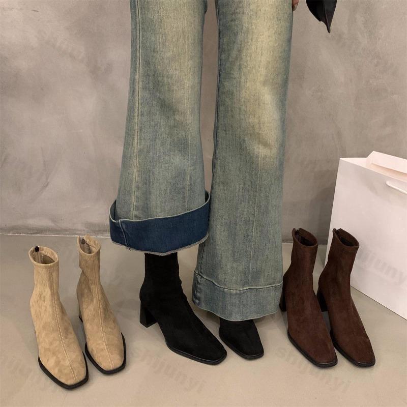 Women Ankle Boots Square Toe Suede High Heels 2026 Autumn French Zipper Outdoor Short Boots Fashion Elegant Botas De Mujer