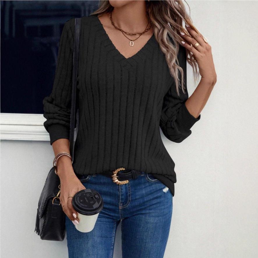2025 Women's V-neck Long Sleeve Ribbed Knit Pullover - Spring/Autumn European & American Fashion