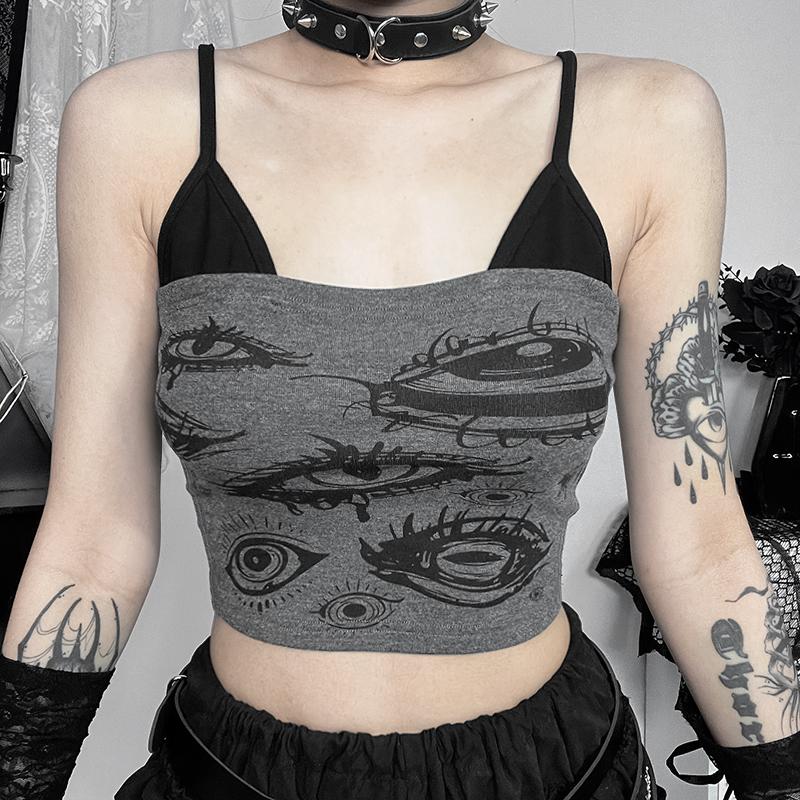 

Готический Y2k Devil s Eye Printed Sling Женская эстетическая летняя винтажная облегающая майка E Girl Goth Tank Top Streetwear