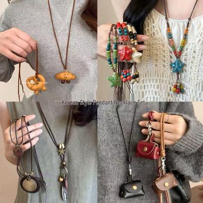 Bohemian Starfish Necklace: Colorful Beaded Ceramic Ethnic Style with Woven Cord for Women