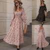 Fashion Elegant Floral Long Sleeved Women Dress Square Collar Loose Pleated Waist Slim Backless A-line Party Printed Dresses Casual Spring Clothing