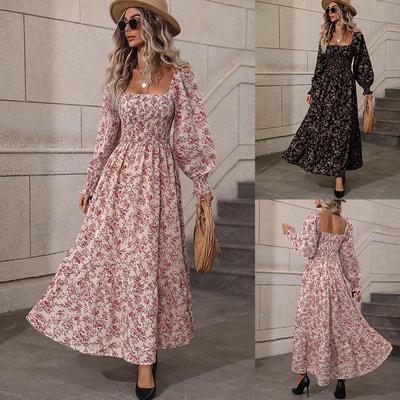 Fashion Elegant Floral Long Sleeved Women Dress Square Collar Loose Pleated Waist Slim Backless A-line Party Printed Dresses Casual Spring Clothing