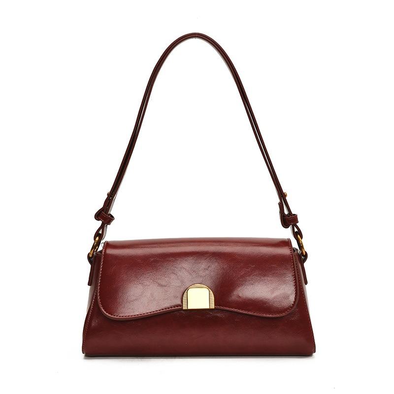 High-quality fashion high-end oil wax leather underarm baguette bag women's versatile simple solid color personalized shoulder bag