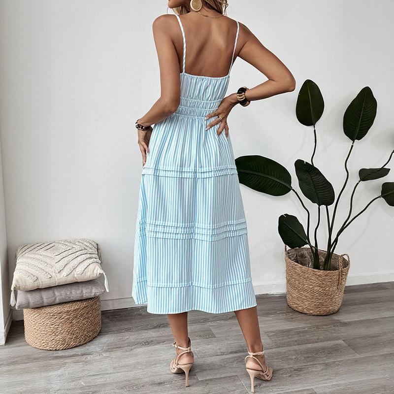 2025 Amazon Cross-border Foreign Trade Summer Vacation Wind Striped Suspender Dress Square Neck Lace-up Sleeveless Long Dress
