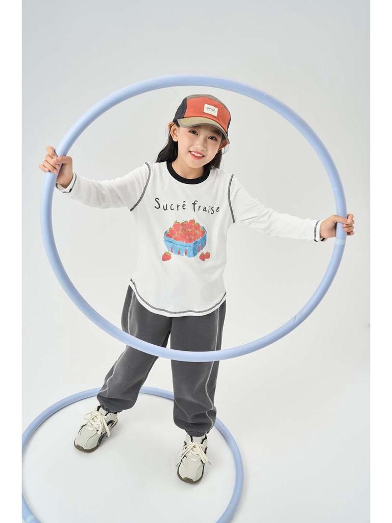 Autumn Kids' Color Block Cartoon Linen T-Shirt - Boys & Girls Long Sleeve Crew Neck