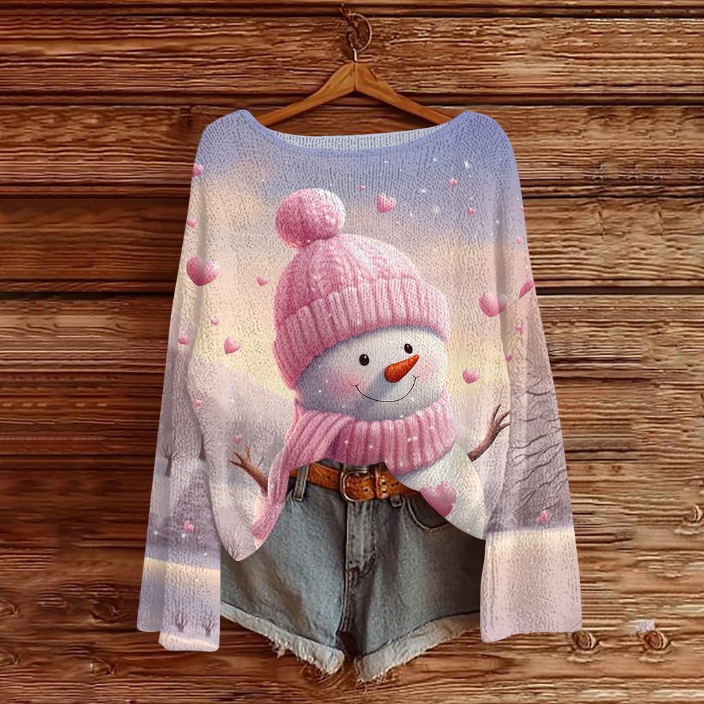 Women's Fashion Christmas Print Lightweight Sweater Casual Long-Sleeve Knit Pullover Top