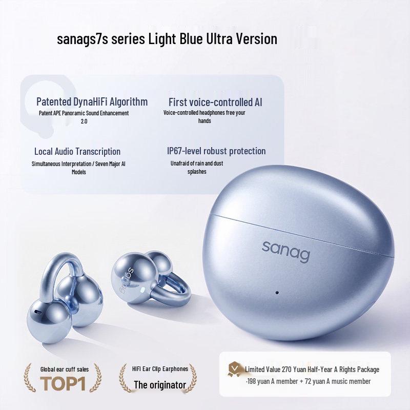Sanag S7S Bluetooth Ear Clip Earphones with AI Translation and Air Conduction for 2025 Sports - Open, Not In-Ear Design