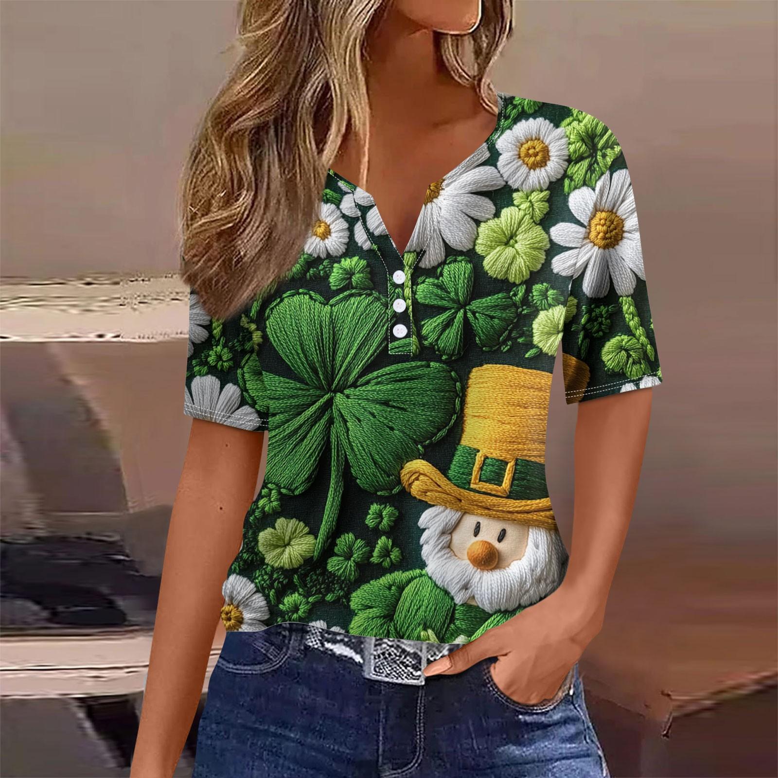 

Женская мода в стиле кэжуал. Топ с короткими рукавами и V-образным вырезом на пуговицах с принтом ко Дню Святого Патрика L армия зеленый