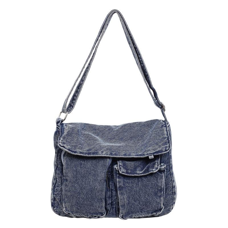 Multi-Pocket Denim Bag Large Capacity Retro Commuter Shoulder Bag
