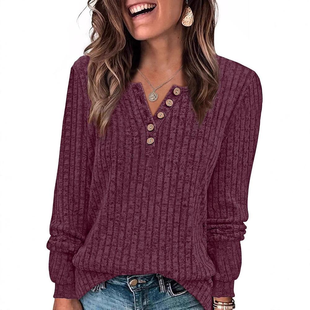 New Autumn and Winter Women's Round Neck Casual Button Knitted Long-sleeved Tops T-shirt for Women