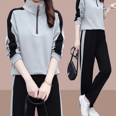 Velvet Thickened Casual Sports Suit: Women's Two-Piece Set with Stand-Up Collar and Long Sleeves for Autumn and Winter.