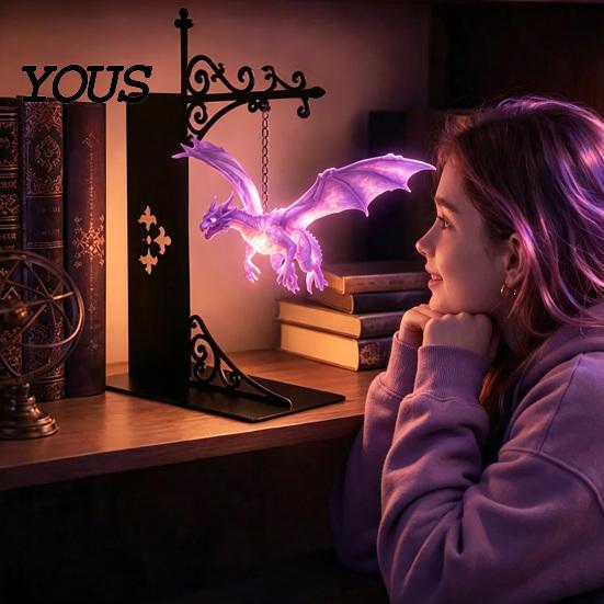 Dragon Culture Collectible Figurine Fantasy Bookshelf Lamp, Retro Flying Light, Literature Fan Gift Creative Bookend Light for Library Reading Corner
