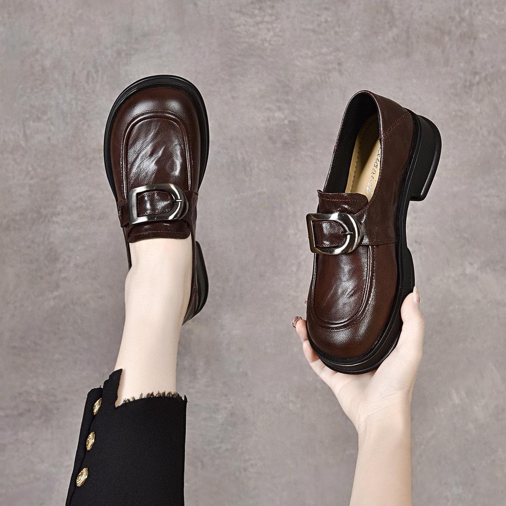thick-soled women's new college wind round buckle one-pedal single shoes, first-layer sheepskin women's small leather shoes