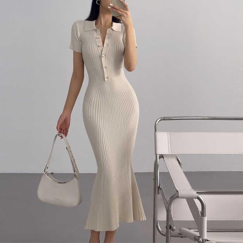 

Платье-поло с вырезом «рыбий хвост» в европейско-американском стиле: Летний трикотажный свитер с коротким рукавом, облегающий крой Medium белый