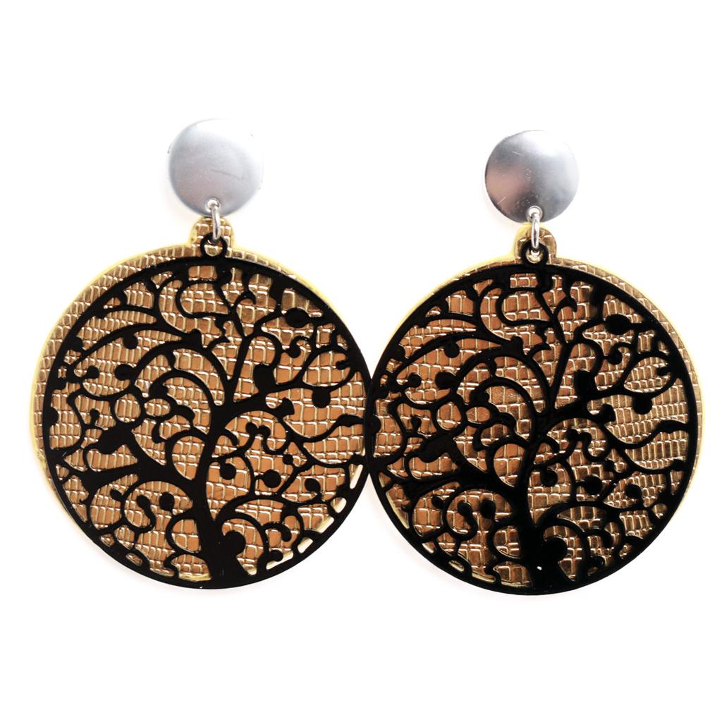 Les Trésors De Lily [R6317] - Designer Earrings 'Cleopatra' (tree of Life) Golden Black - 80x50 Mm