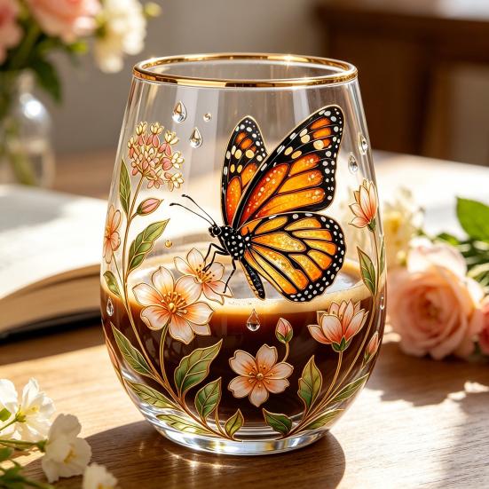 Bicchiere da cocktail Farfalla Fenicottero, Tazza Giardino Fiorito Dipinta a Mano, Bicchiere da Vino Succo con Bordo Dorato, Regalo Unico per Lei