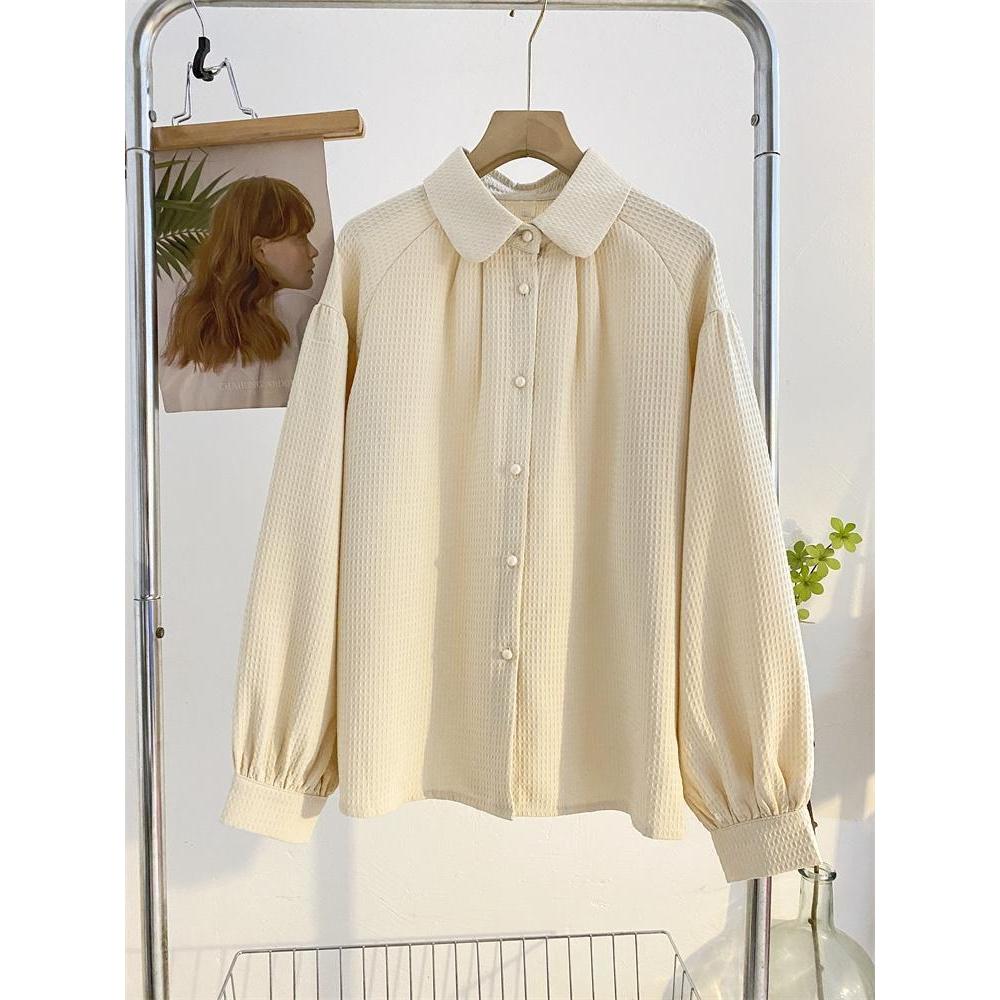 Waffle Lantern Sleeve Shirt for Women with a Niche Design Loose French Retro Chic Doll Collar Long Sleeved Top