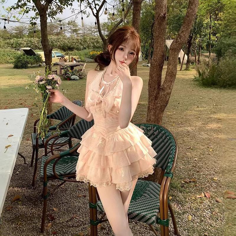 Sweet and Pure Pink Neck Dress Women's Summer French First Love Princess Puffy Skirt Waist Small Skirt