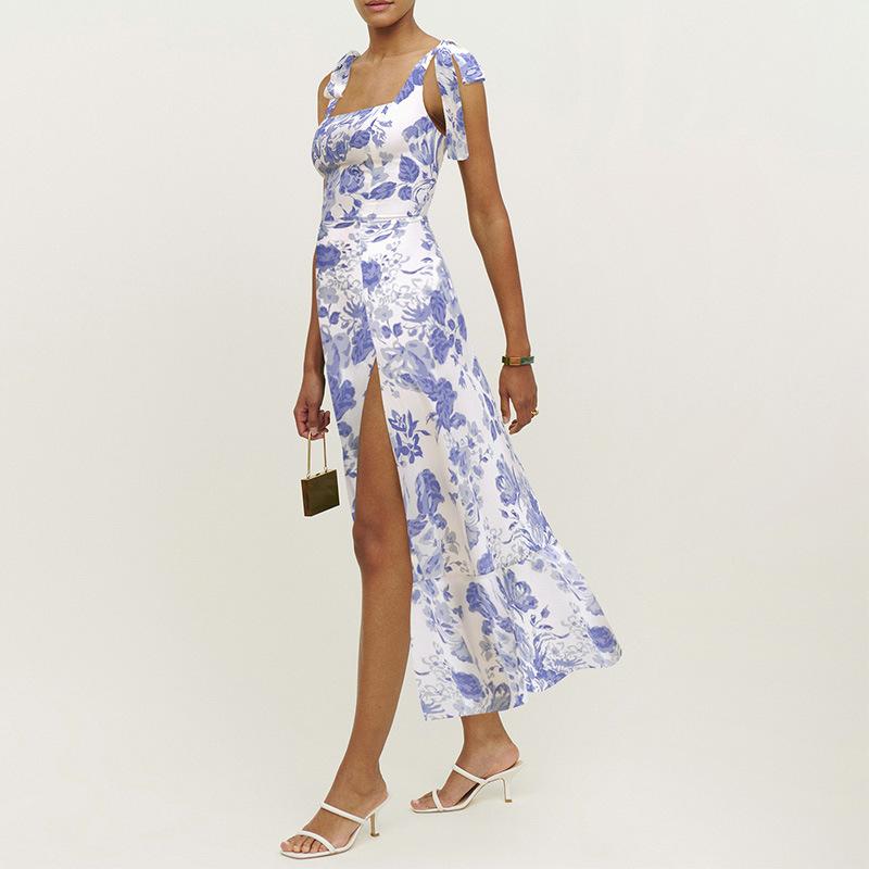 Women S French Style Sleeveless Floral Print Slit Slim Dress
