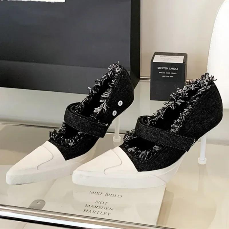 

Мода 2025 Новые Дизайнерские Джинсовые Туфли на Высоком Каблуке Женская Мода Тонкий Высокий Каблук Туфли для Платья Сексуальный Бренд Острый Носок Лодочки Женские Zapatos De Mujer 39 чёрный