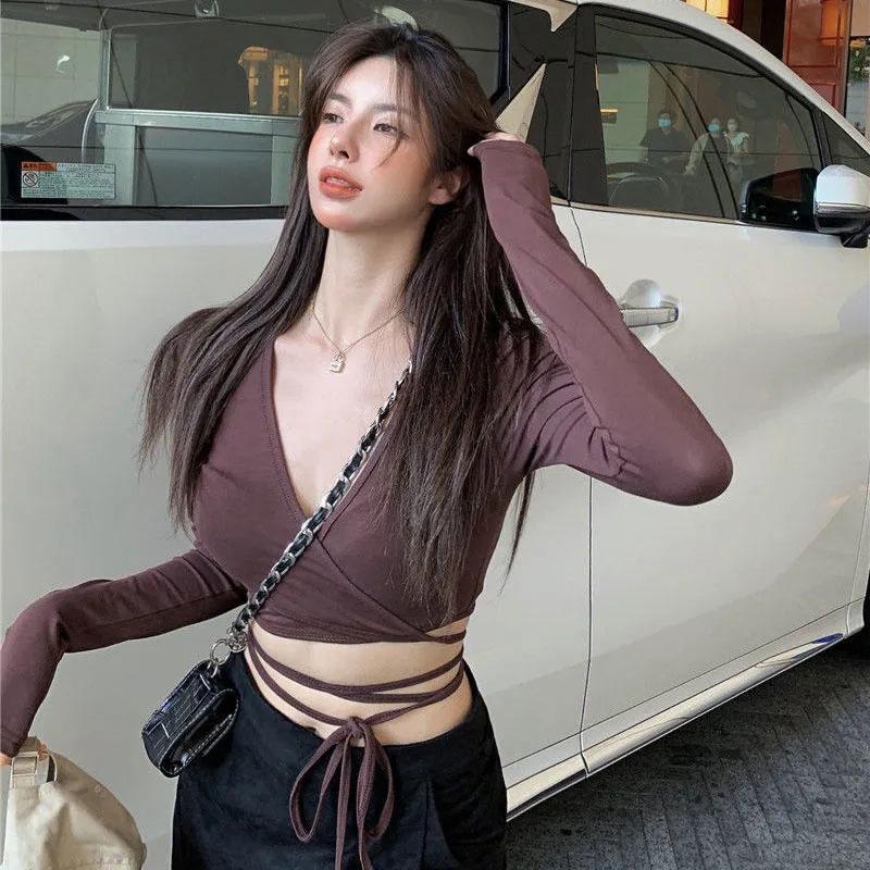 Women Crop Top Summer Long Sleeve Corset Y2k Tops Korean Tanktop Navel Tie Thin Black T-Shirt Ladies Boho Gothic Sexy Clothes