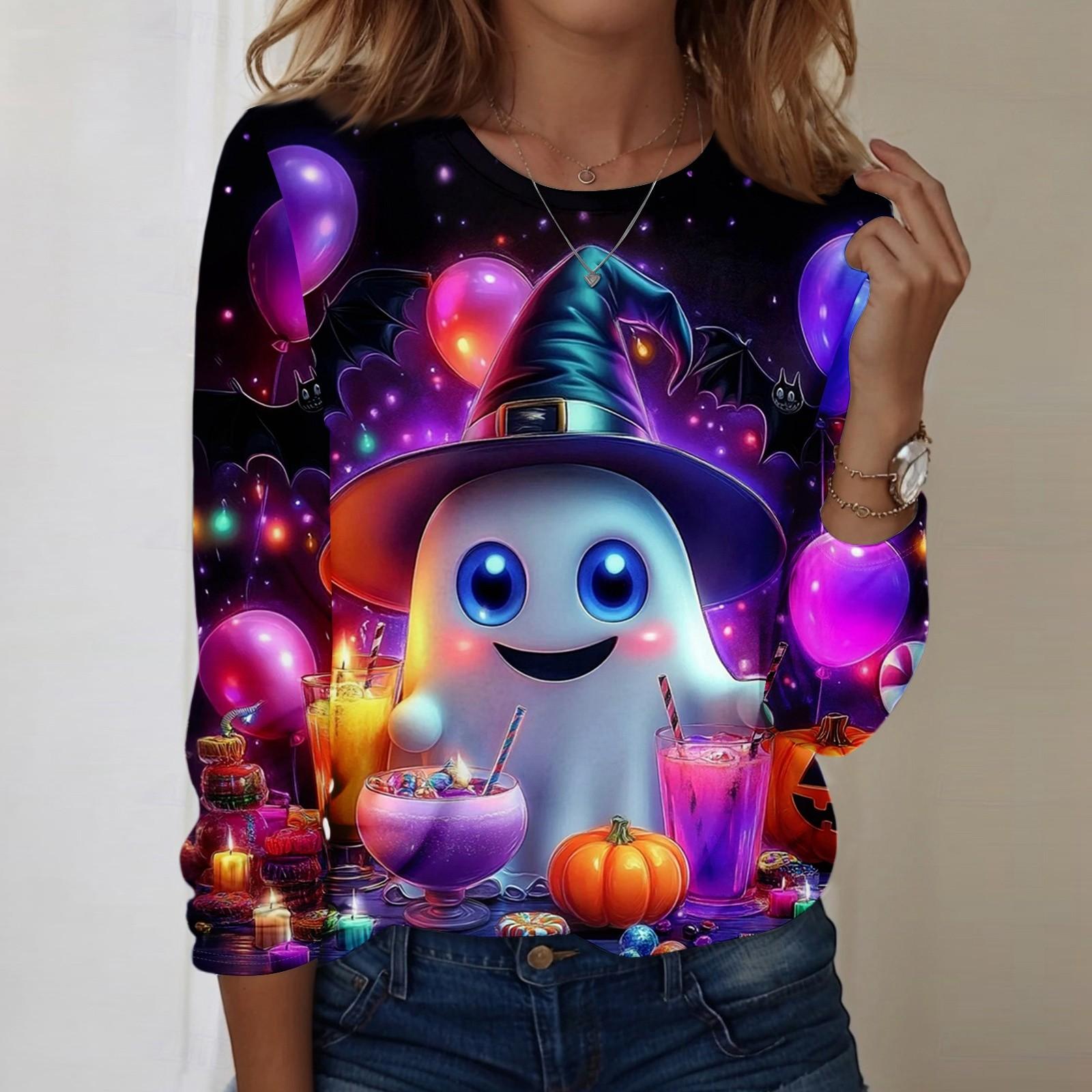 

Women s Halloween Printed Round-neck Loose Long-sleeved Top L
