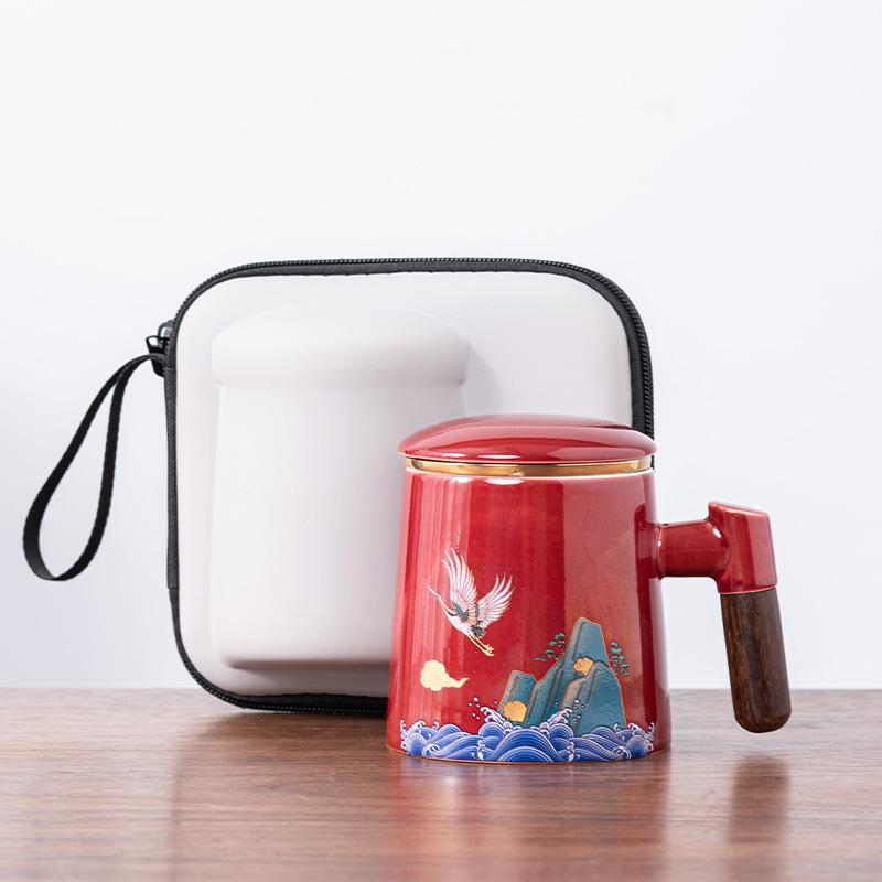 Ceramic tea cup with lid tea separation cup filter water cup creative wooden handle cup office cup gift cup Guochao