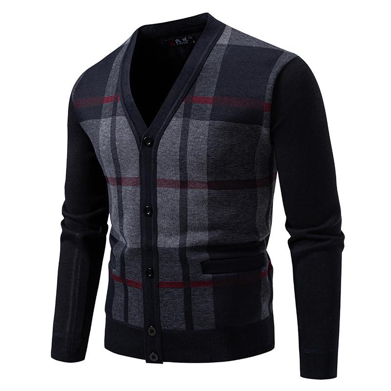 

Business Casual Plaid Sweater V-neck Men s Middle-aged and Young Dad s Sweater Jacket Plus Velvet Top 110 чорний