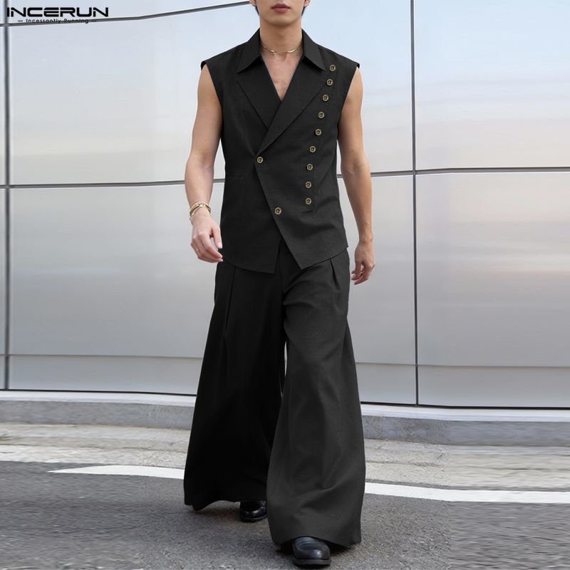 INCERUN 2PCS Men Sleeveless Thin Blazer Tops Long Pants Casual Sets Outfits