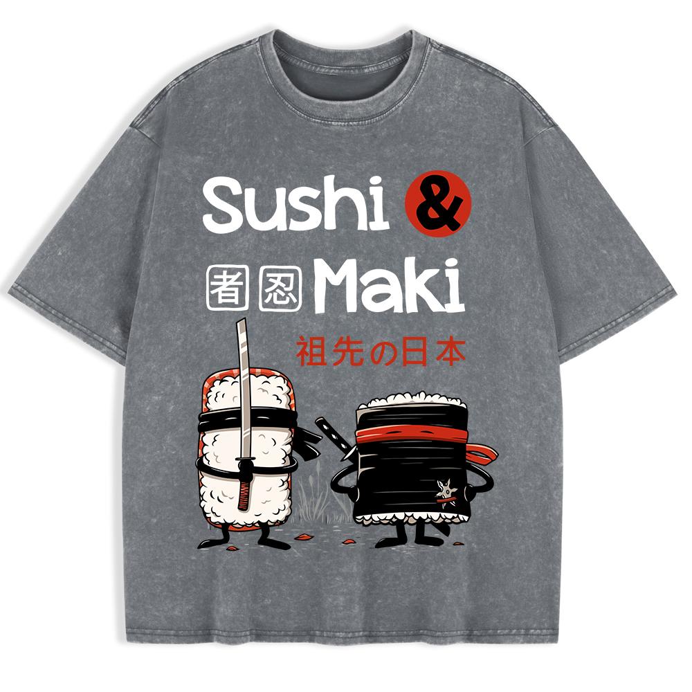 Japan Comics Ninja Sushi Printed Washed T-Shirts Mens Cotton Oversize T Shirt Basic O-Neck Short Sleeve Tops Summer Clothes