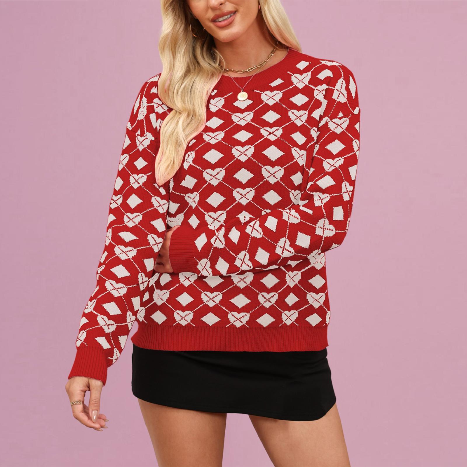 

Женский модный пуловер с круглым вырезом и длинными рукавами в форме сердца, пуловер контрастного цвета, топ-свитер XL красный