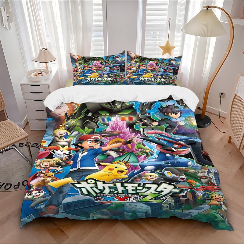 Pocket Monsters Xy Z Print 3Pcs Bedding Set,Duvet Cover with 2 Bedro,Pillowcase Home Birthday Gift