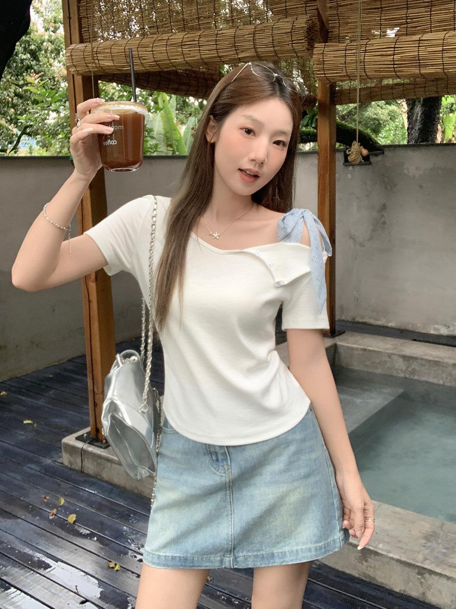 

White slanted shoulder splicing strap design short-sleeved t-shirt women s summer new slim and thin top S белый