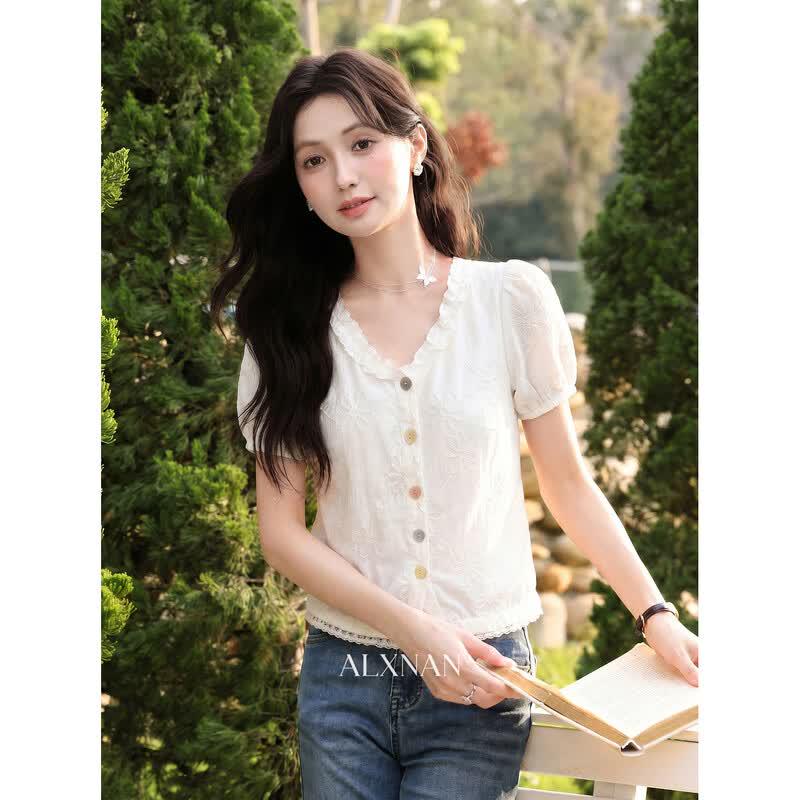 French Style V-Neck Short Sleeve Blouse L