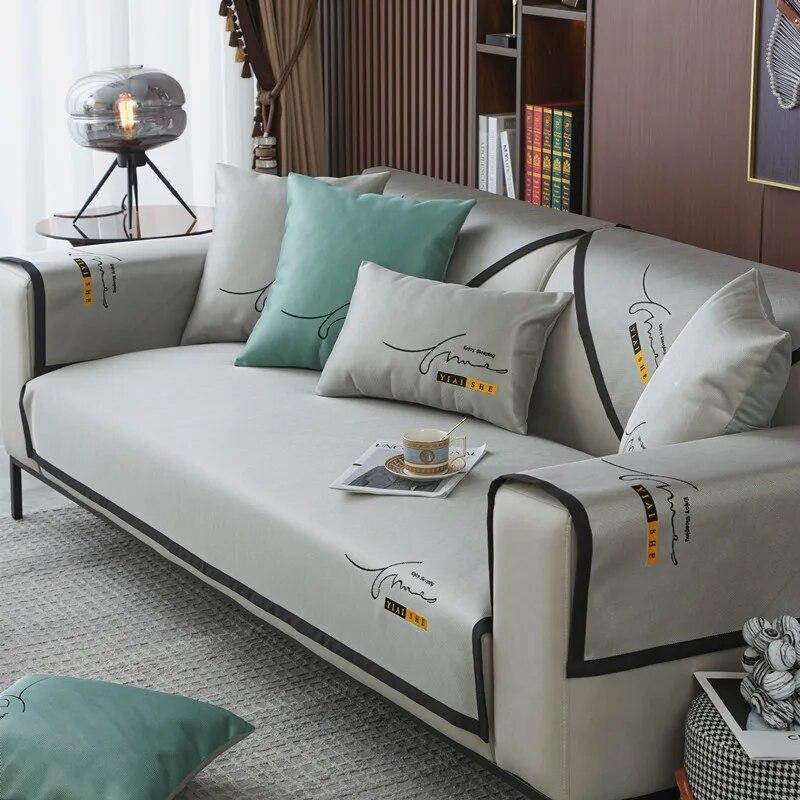 Sommer Neu Einfarbig Sofabezug Modern Minimalistisch Eis Seide Stickerei Sofakissen Kühl Rutschfest Wohnzimmer Sofaschutz