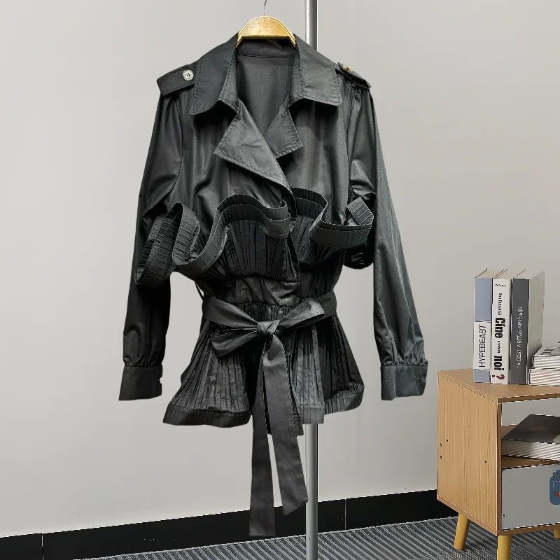 

Irregular Ruffled Waistband Tied Jacket Irregular Frill Lace-up Outerwear Black One size