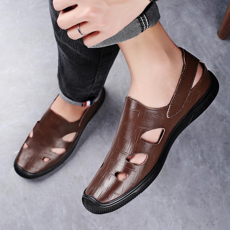 Summer Hollowed Out Men Leather Shoes Soft Sole Casual Business Men‘s Sandals Breathable Office Formal Lightweight Outdoor Shoes