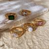 Multicolour Square Zircon Crystal Stainless Steel Finger Ring for Women Gold Plated Chunky Croissant Texture Waterproof Jewelry