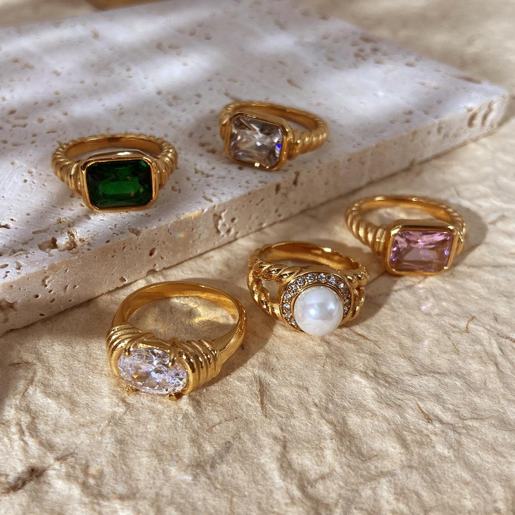 Multicolour Square Zircon Crystal Stainless Steel Finger Ring for Women Gold Plated Chunky Croissant Texture Waterproof Jewelry