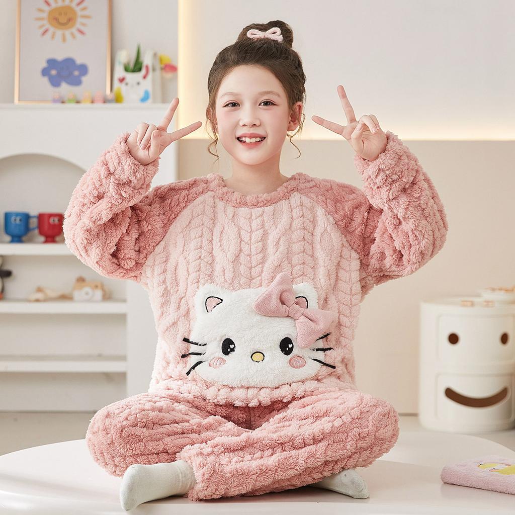 Kids Flannel Pajamas Set Boys Girls Warm Long Sleeve Top And Pants Sleepwear Winter Home Nightwear
