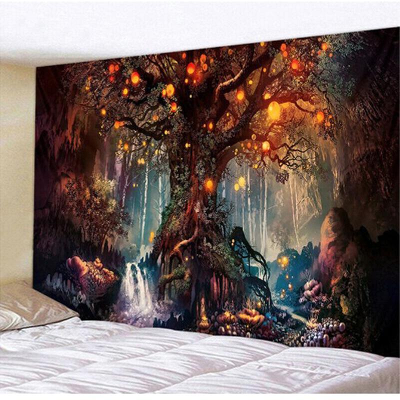 Psychedelic Tapestry Forest Trees and Stars Bedspread Wall Hanging Home Decor