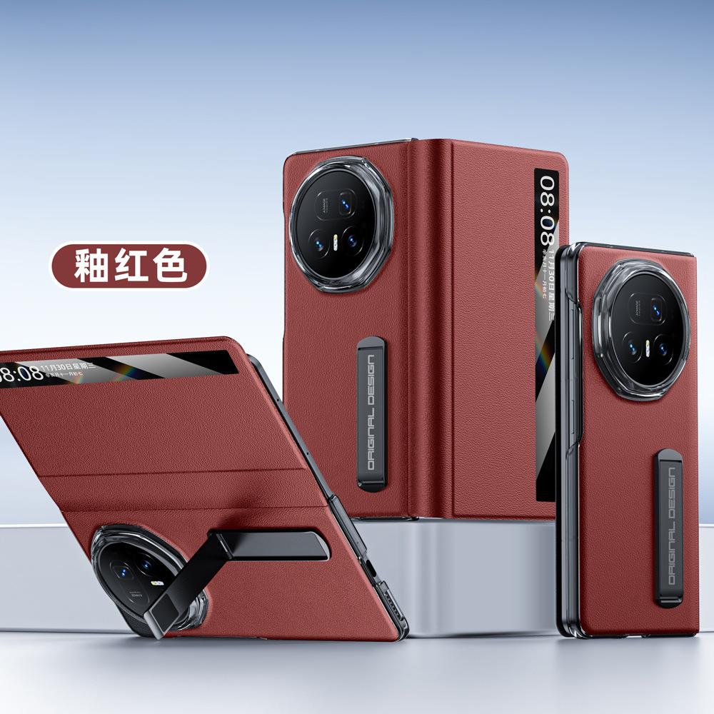 For Honor Magic V5 Case Top Grain Leather Hinge Protection Metal Kickstand Smart View Auto Sleep Wakeup Flip Cover