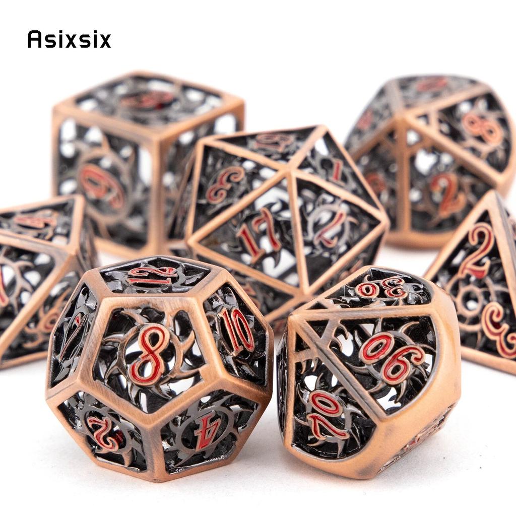7-teiliges kupferrotes rotierendes Zyklon-Metallwürfel-Set aus hohlen polyedrischen Metallwürfeln, geeignet für Rollenspiele, RPG-Brettspiele, Kartenspiele