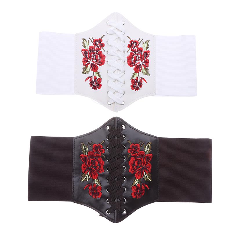 Women'S Corset Belt Gothic Fashion Pu Flower Embroidery Cummerbunds Female Slimming Waist Band Vintage Black Wide Belt For Girl
