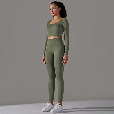 Conjunto de roupas fitness femininas, roupas de treino sem costura, leggings para levantamento de quadril, top curto para academia, conjunto de ioga de 2 peças