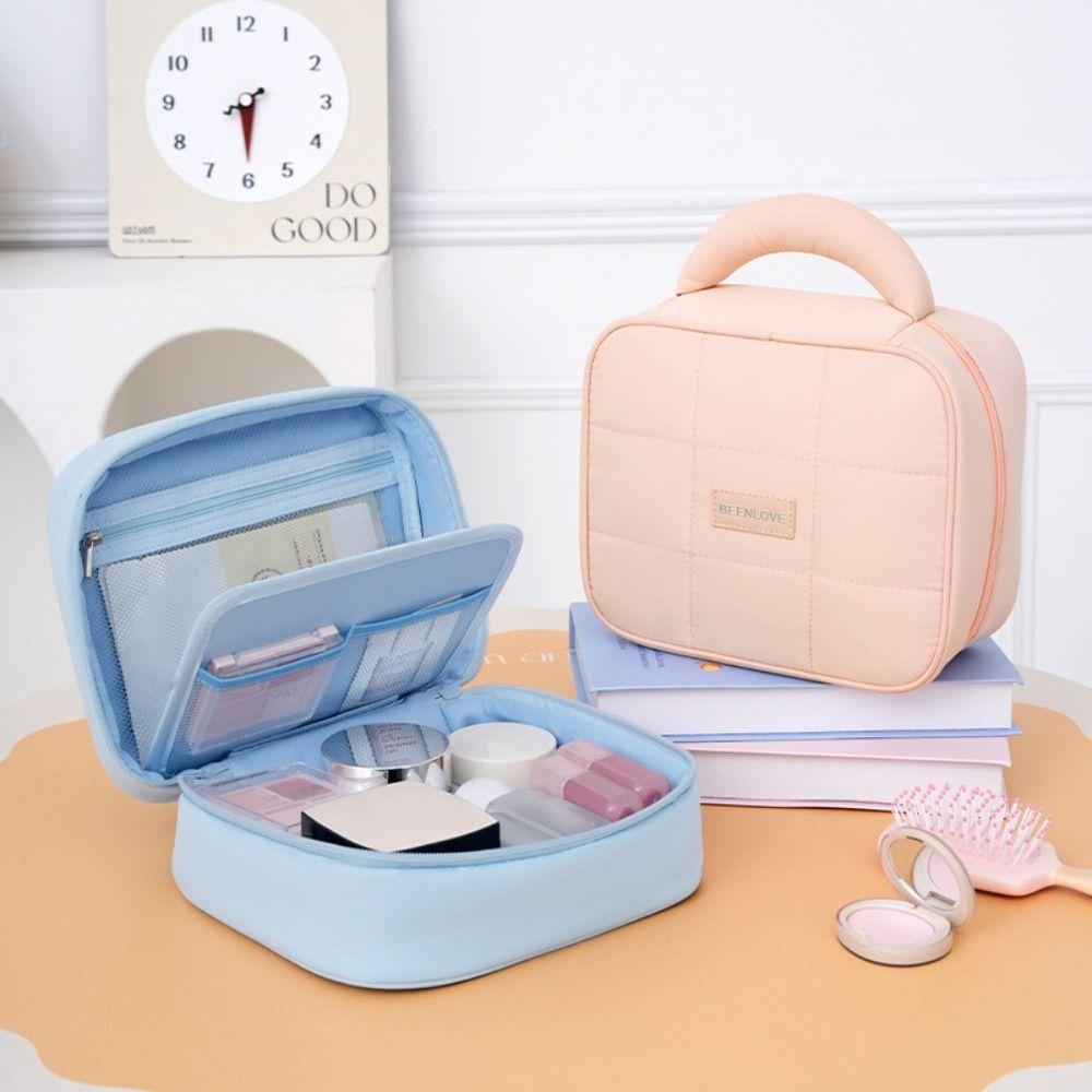 New Large Capacity Cosmetic Storage Bag Handheld Puffy Quilted Makeup Organizer Bag Solid Color Toiletry Bag