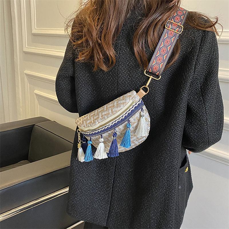 Weave Crossbody Bags Female Tassel Waist Bag Retro Leather Shoulder Packs